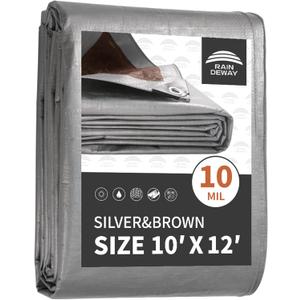 RAINDEWAY Tarps Heavy Duty Waterproof 10x12 Feet,10Mil Thick Multipurpose Poly Tarp Cover with Metal Grommets and Reinforced Edges,Silver/Brown Tarp