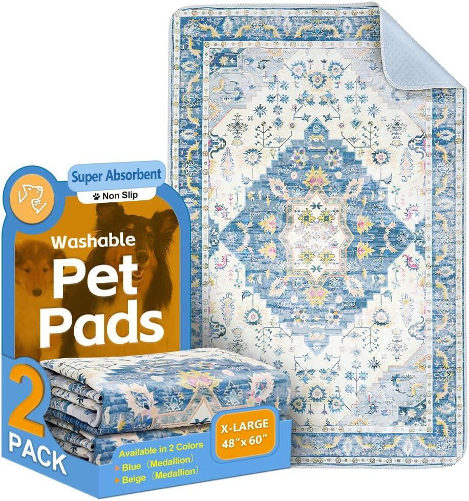 Blue Waterproof Washable Pee Pads for Dogs - Reusable, Super Absorbent, Non-Slip Potty Pads - 60"x48" - 2 Pack