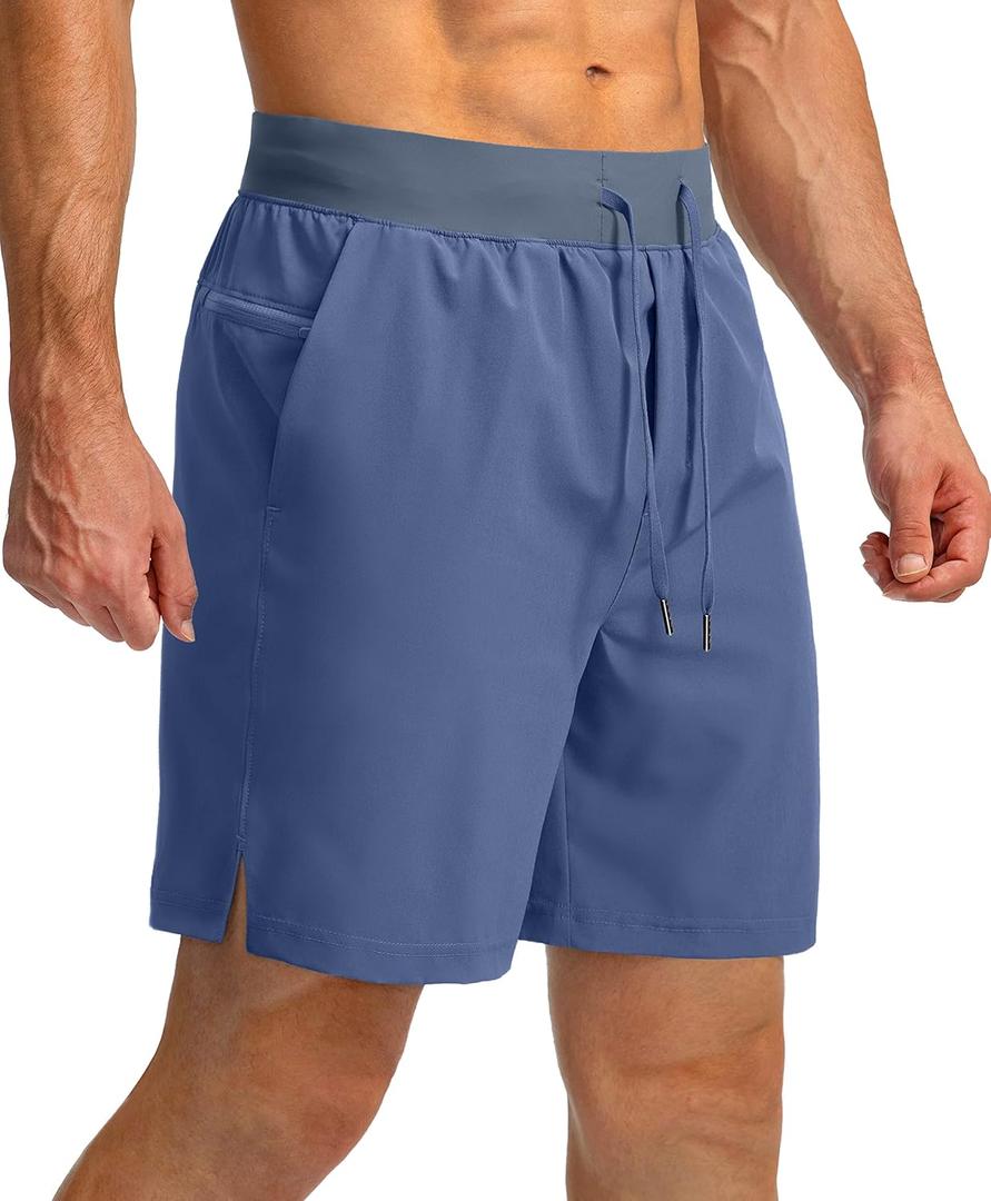 Soothfeel Men's Running Shorts with Zipper Pockets 7 Inch Lightweight Quick Dry Gym Athletic Workout Shorts for Men (Blue, L)