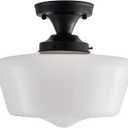 youngrender Black Schoolhouse Light Fixture, 12" Milk Glass Flush Mount Ceiling Light, Black Semi Flush Mount Ceiling Light for Farmhouse Kitchen Hallway Entryway