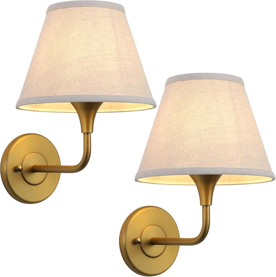 PERMO Wall Sconces Set of 2 Classic Gold Sconce with Linen Lampshade Set of Two Wall Light for Living Room Bedroom Hallway Bathroom Stairs Kitchen