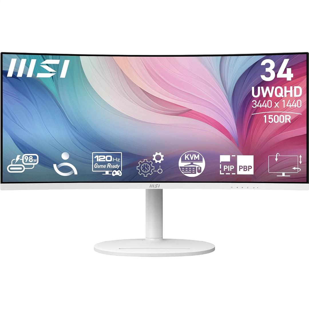 msi Modern MD342CQPW 34in VA 3440 x 1440(UWQHD) Computer Monitor, 120Hz, 1800 Curved, Adaptive-Sync, HDMI, DP, USBC 98W Power Delivery, KVM, Height Adjustable, VESA, Speaker, 1ms, White