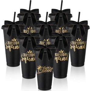 8 Set Birthday Party Glitter Tumblers 24 oz Birthday Squad Birthday Queen Plastic Tumblers with Lid Straw and Twist Bow for Birthday Decorations Party Favor for Women(Black)