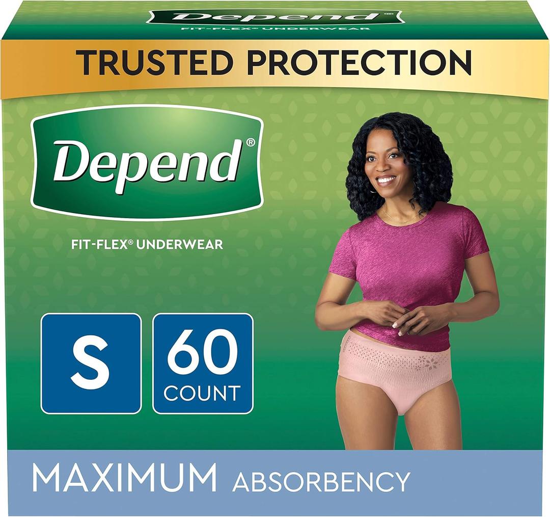 Depend FIT-FLEX Incontinence Underwear for Women, Disposable, Maximum Absorbency, S, Blush, 60 Count