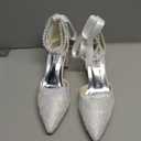 Coutgo Womens Wedding Shoes for Bride Bow Tie Heeled Sandals Chunky Heels Satin Ankle Buckle Dress Shoes, White, Size 7.5