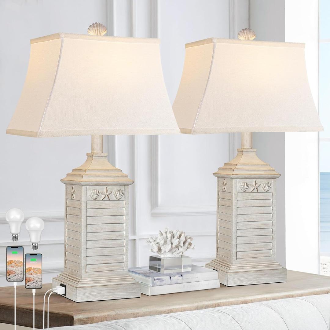 Hamucd Coastal Table Lamps Set of 2, Beach Living Lamps for Bedroom with USB A+C, Washed White Modern Resin LED 3-Color Temperature Bedside Nautical Decor, Nightstand Tropical Lamps for End Table.