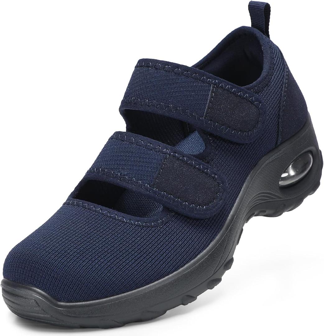 STQ Womens Walking Shoes Non Slip Orthopedic Shoes Adjustable Diabetic Shoes Comfort Mary Jane Shoe (Blue)