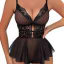 Lilosy Sexy Bows Floral Lace Mesh Babydoll Lingerie Romper (Black Dot)