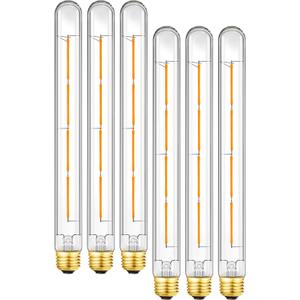 E26 LED Light Bulb,T10 Dimmable Led Tubular Bulb 6W,60 Watt Equivalent,T30 Long Bulbs 2700K Warm White,11In Edison Light Bulbs,T10 Clear Glass,6Pack.