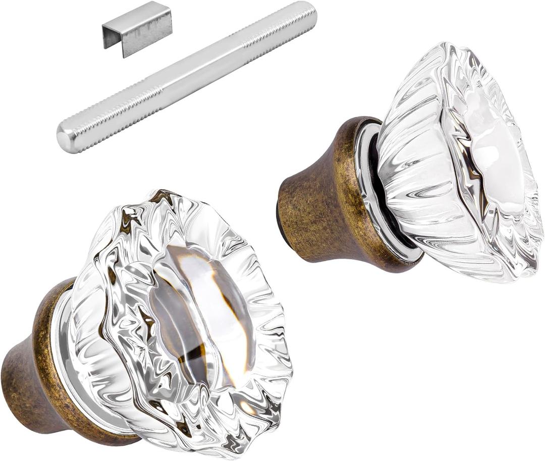 1 Pack Glass Door Knobs Interior Mortise Lock Replacement Set with Spindle, Vintage Crystal Door Knobs for Replacing Broken Old Antique Lock Sets on Interior Door, Antique Brass Finish