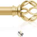 Gold Decorative Farmhouse Curtain Rods: 66- 120 "Adjustable Heavy Duty Single Window Curtain Rod for Bedroom Living Room, Brass Gold Boho Rustic Drapery Rods with Vintage Twist Finial, Easy Install