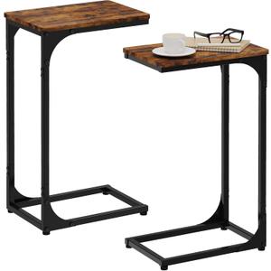 Narrow C Shaped End Tables Living Room TV Trays Set of 2, Small Thin Farmhouse Side Table Skinny Slide Under Couch Tray Tables for Sofa Bedroom Small Space 7 inch Width, Rustic Brown