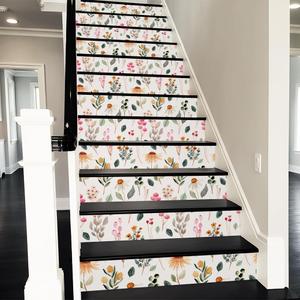 REDAMANCY Beige Cream Pink Purple Wildflower Peel and Stick Vinyl Stair Riser Decals Staircase Tile Stickers Decor Modern Marble Decoration Self-Adhesive(14 Pcs)