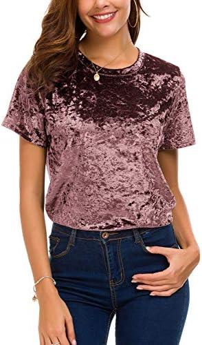 Women's Crew Neck Velvet Top Short Sleeve T-Shirt, Large