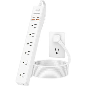 15 Ft Power Strip Surge Protector - 7 Outlets 4 USB Ports (2 USB C), Ultra Thin Flat Extension Cord & Flat Plug, 1700 Joules, Wall Mount, Desk Charging Station for Home Office Dorm, White