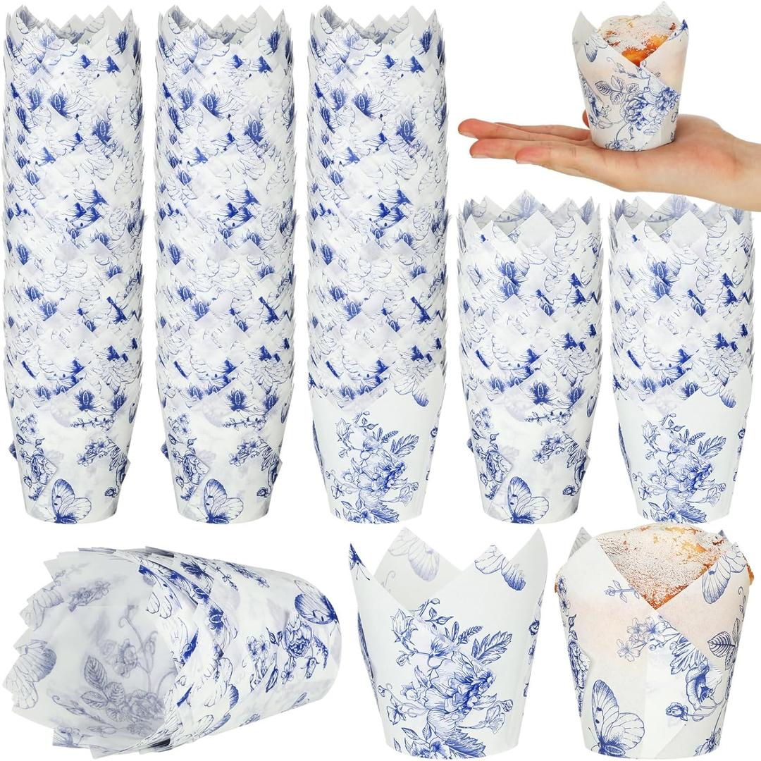 200 Pcs Blue Floral Cupcake Wrappers Chinoiserie Blue White Flower Cupcake Liners Mini Baking Cups Wrappers Muffin Liners for Wedding Bridal Baby Shower Birthday Tea Party Dessert Decoration