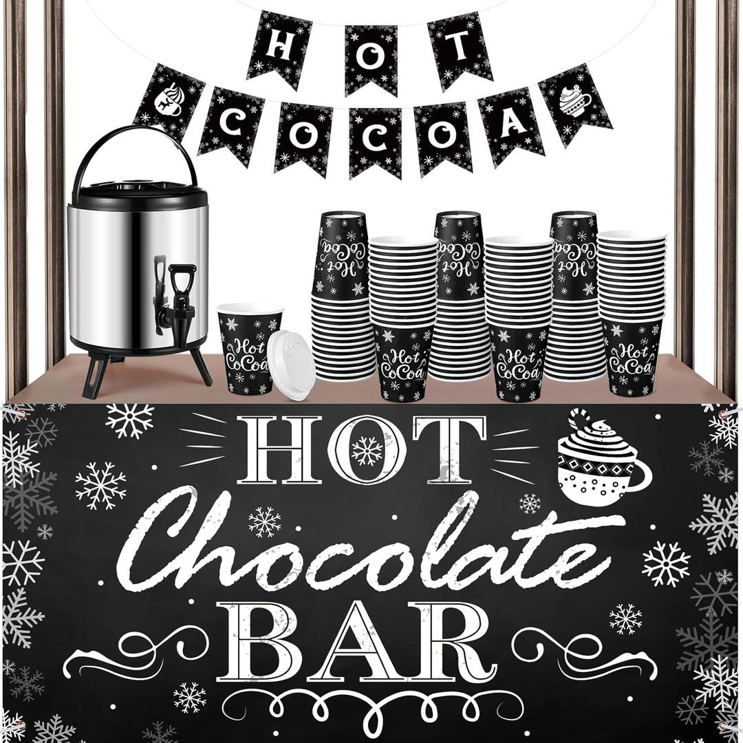 Sliner 103 Pcs Hot Chocolate Stand Bar Supplies Kit Include 1.3 Gallon Hot Cocoa Drink Dispenser, Banner Sign, Tablecloth, 100 Disposable Paper Cups with Lids for Christmas Winter Party(Black) 
