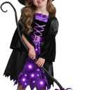 Witch Costume for Girls, Light-Up Purple Dress with Hat & Broom Accessories for Halloween Parties & Role Play (Medium(8-10yr))