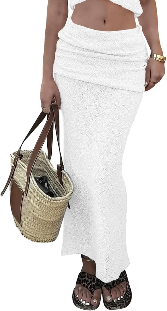 Saodimallsu Womens Beach Cover Up Maxi Skirt Sheer Fuzzy Knit Fold Over Mid Rise 2026 Summer Swimsuit Coverup (Large, White)