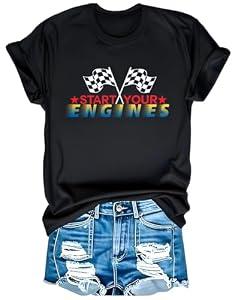 Racing Shirts for Women Checkered Flag T-Shirt Race Day Tee If You Ain't First You're Last Tee Top (Large)