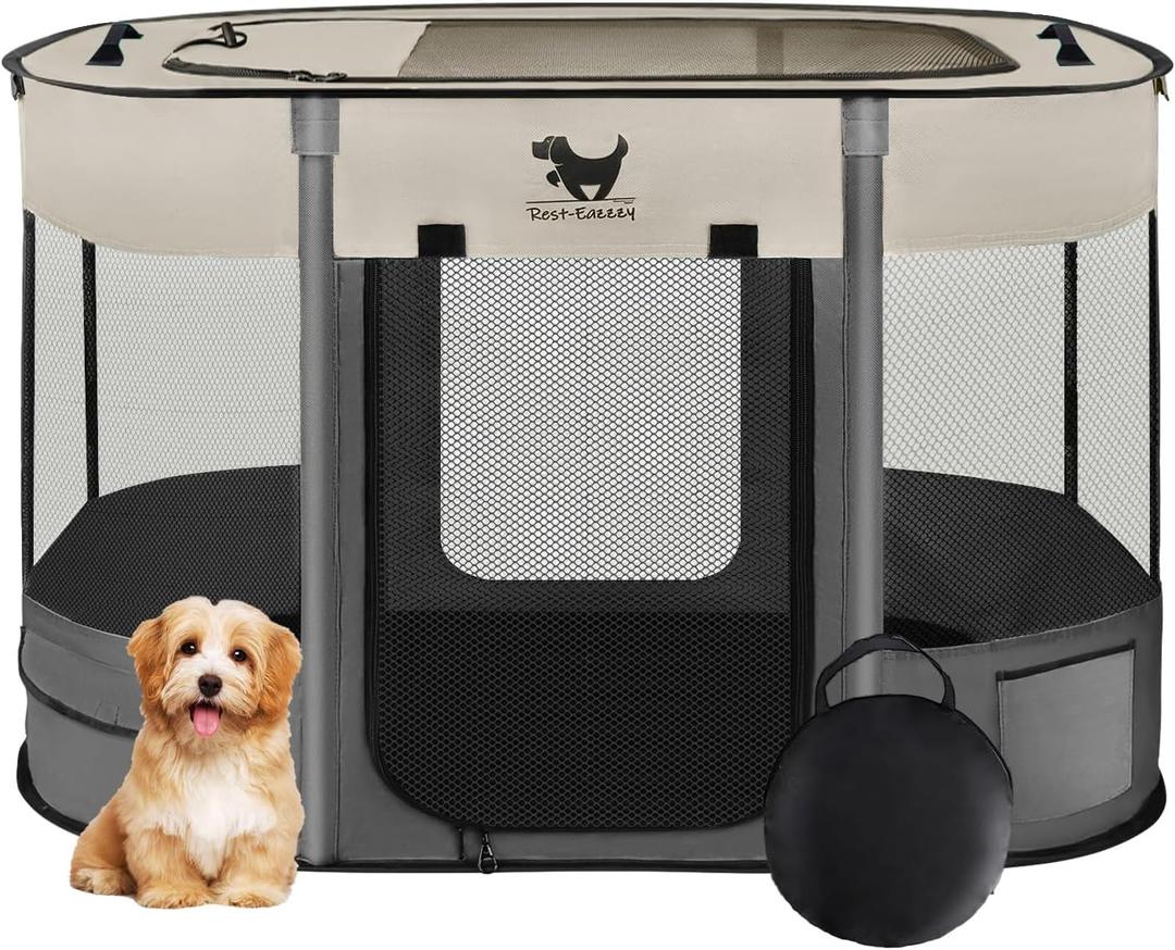 Rest-Eazzzy Dog Playpen, Foldable Kitten Playpen for Medium Dogs, Portable Pet Puppy Playpen with Removable Shade Cover, Indoor Outdoor Travel Camping Use for Small Pets with Carrying Case (S, Grey)