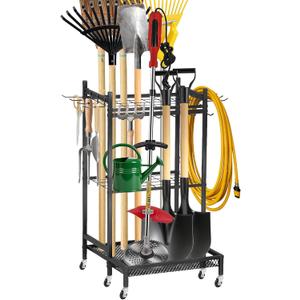Garden Tool Organizer Rack with Wheels Up to 30-35 Tools, Heavy-Duty Steel Yard Tool Organizer for Garage Storage with 11 Hooks, Broom Holder & Garden Tool Rack for Shed, Patio, Lawn, Outdoor, Black