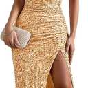 Womens Sequin One Shoulder Sleeveless Wedding Guest Dresses High Split Sparkly Glitter Gowns Bodycon Maxi Dresses (S)