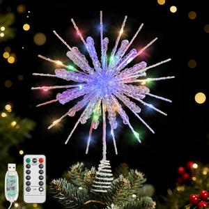 Lewondr Christmas Snowflake Tree Topper, 12.2in Xmas Tree Topper with Glittered Epoxy & 30 Colorful LED, Remote&USB Powered Snowflake Treetop, Xmas Decor for Home Party, 6H Timer&8 Modes, Silver White