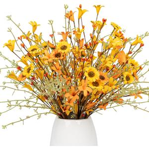 J'FLORU Fall Flower Decorations 12 Pack Autumn Floral Picks Artificial Forsythia Flowers with Orange Daisies for Floral Arrangements Harvest Festival Thanksgiving Day Decor (Yellow)
