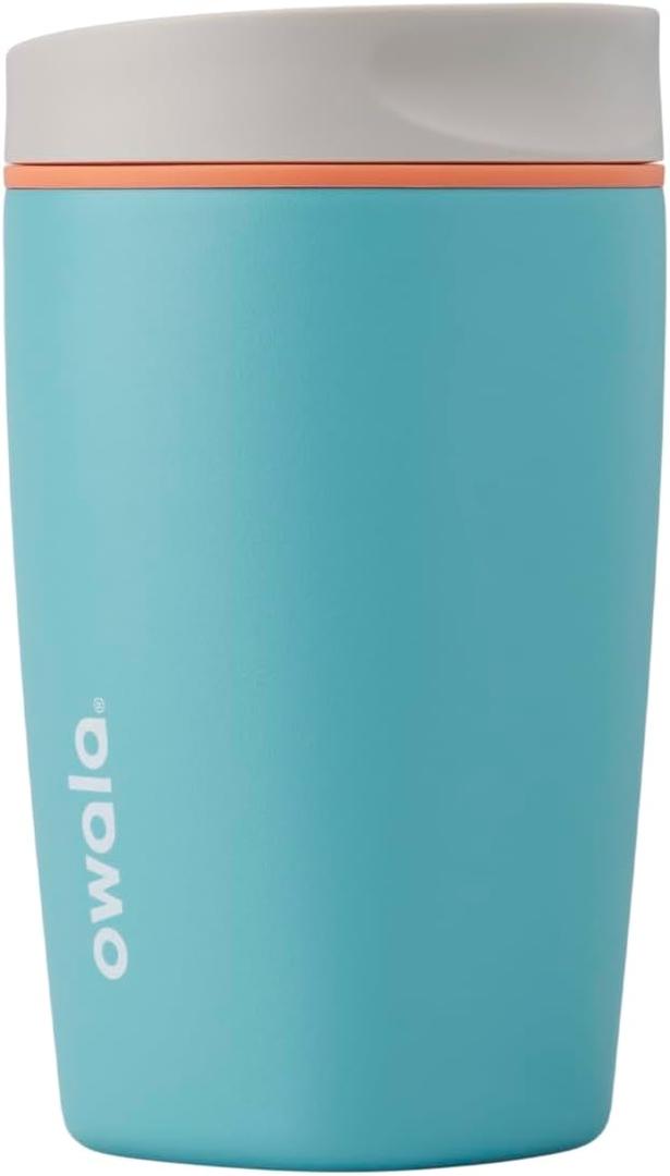 Owala SmoothSip Slider Insulated Stainless Steel Coffee Tumbler, Reusable Iced Coffee Cup, Hot Coffee Travel Mug, BPA Free 12 oz, Grey/Blue (Beachy Breeze)