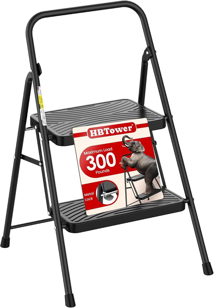 HBtower 2 Step Ladder, Step Stool with Wide Anti-Slip Pedal, Step Ladder Folding Step Stool for Adults, Lightweight Steel Portable ladders for Home Kitchen
