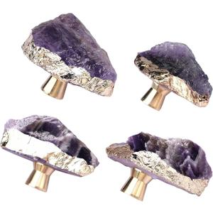 Amethyst Drawer Cabinet Knobs Purple Crystal Stone Knobs Handles Gold Plated Gemstone Cupboard Pulls Decorative for Home Office 4 Pack