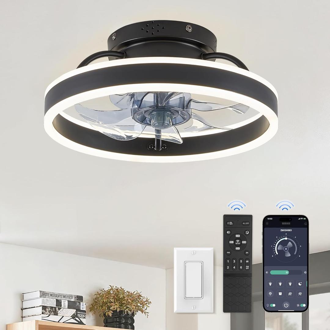 Black Round LED Profile Ceiling Fans with Light and Remote,13 in Modern Flush Mount Ceiling Fans, 3 Speeds Quiet DC Motor, for Bedroom, Living Room