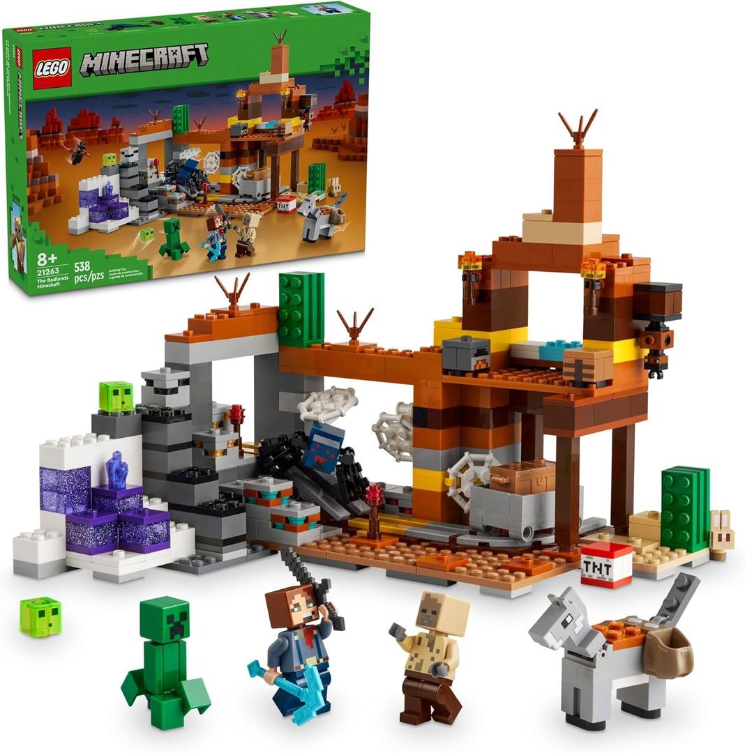 LEGO Minecraft The Badlands Mineshaft Video Game Toy, Mining Exploration Set with Minecraft Minifigures, Birthday Gift for Boys and Girls, Action Packed Toy for Kids Ages 8 and Up, 21263