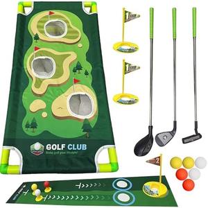 Toddler Golf Clubs Set - Kids Retractable Indoor Outdoor Game Play Toys for 3 4 5 6 7 8 Years Old Boys Girls - Realistic Yard Toy Kit with Adjustable Golf Club Putting Mat Cornhole Board Scoreboard