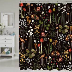 COSEVIER Boho Mushroom Shower Curtain for Bathroom, Black Vintage Leaves Flowers Plant Botanical Fabric Bath Decoration Set with Hooks 72x72 Inch