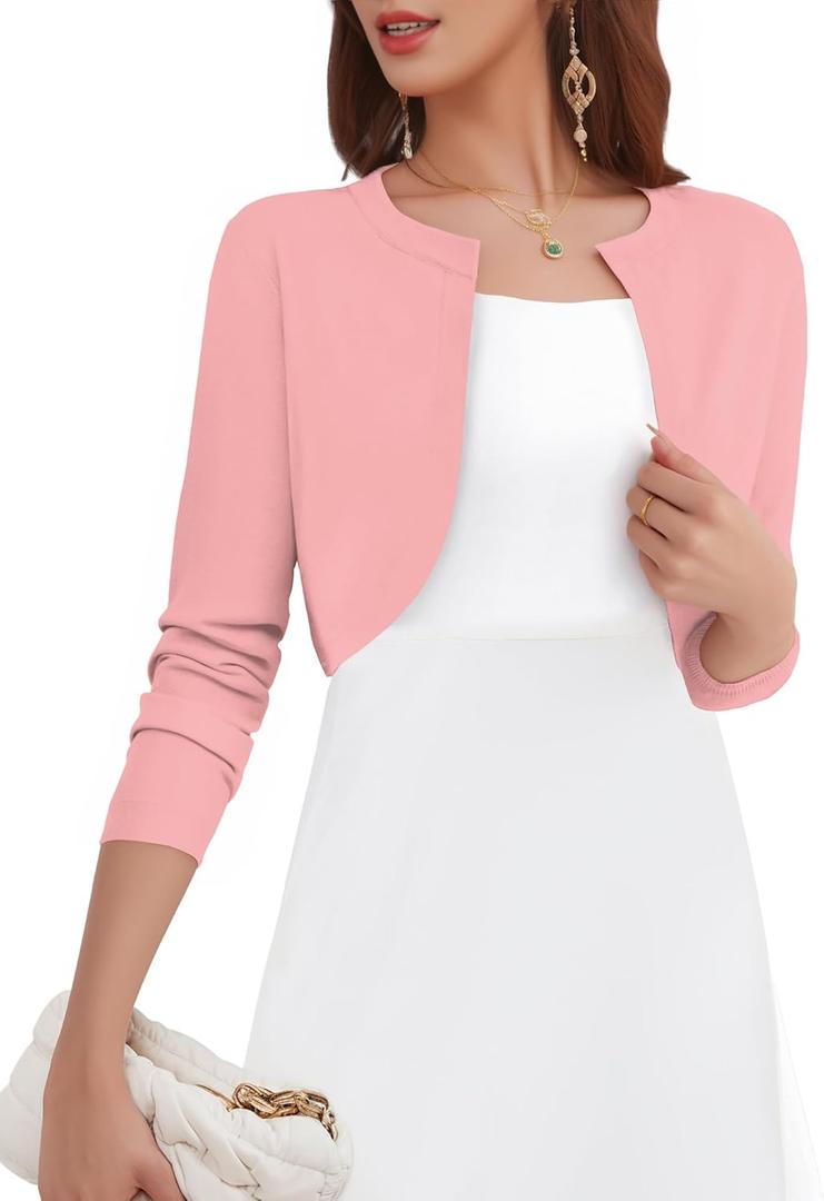 Women's Long Sleeve Shrugs Lightweight Open Front Cropped Cardigan for Women, 13Y(Pink)