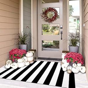 Black White Striped Rug -3x5 Front Door Mats Outdoor, Washable Rug for Front Porch Decor, Spring Summer Welcome Mats Outdoor Indoor, Doormat for Farmhouse/ Entryway/ Home Entrance