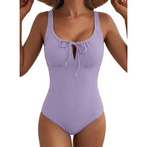 Aleumdr Womens Textured One Piece Swimsuit Tummy Control Bathing Suit Tie Knot Cutout Swimwear (Small, Lavender Purple Textured)