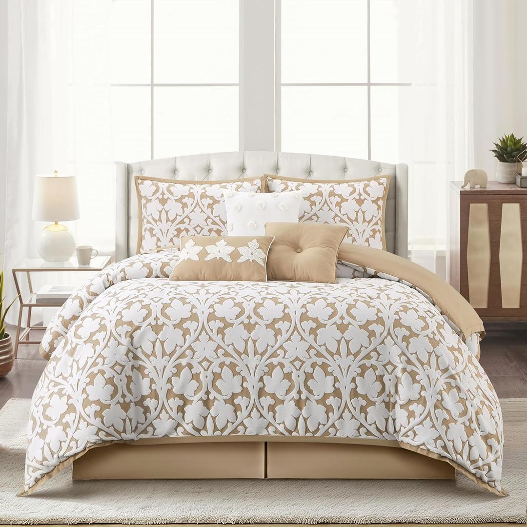 Stratford Park Floral Leaves Comforter Set, Khaki Queen Size Bedding, 7 Piece Jacquard Bedding Set, All Season, Matching Pillows, Shams, Bed Skirt