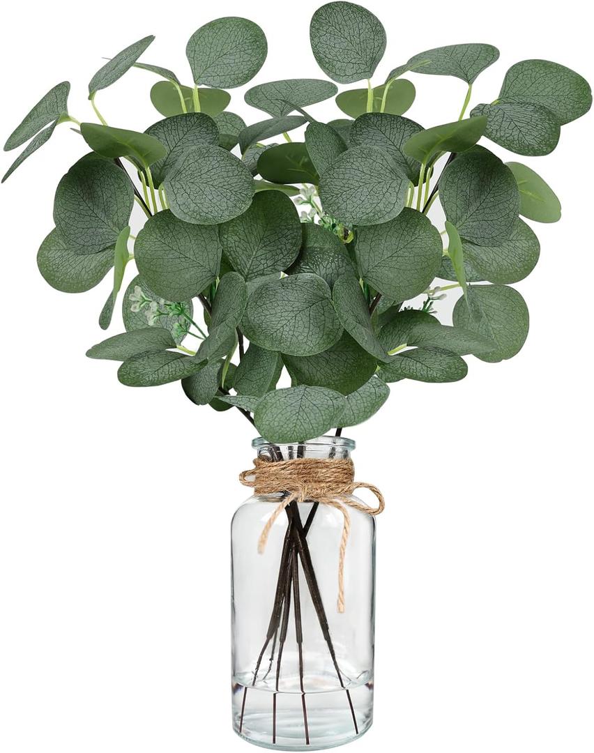 Artificial Eucalyptus Stems in Glass Vase 14" 6Pcs Faux Eucalyptus Branches Home Table Decor Fake Greenery Plants Stems for Farmhouse Wedding Centerpiece Bathroom Decorations (No Faux Water Green Eucalyptus With Vase)