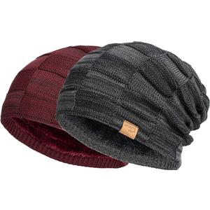 Vgogfly Slouchy Beanie for Men Winter Hats for Guys Cool Beanies Mens Lined Knit Warm Thick Skully Stocking Binie Hat Pairs (Black / Wine Red)