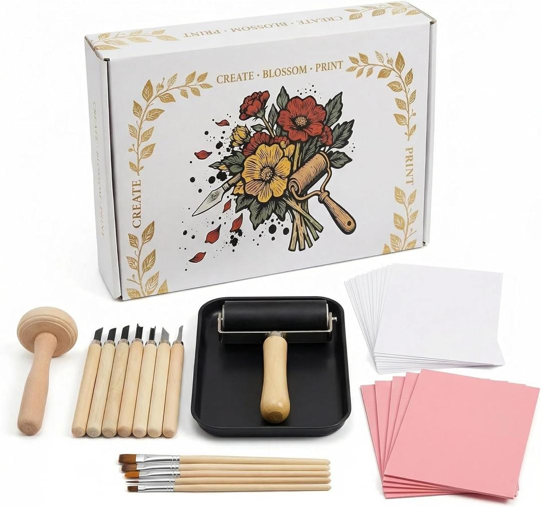 Lnncdsc Linocut Kit for Beginners & Adults  Complete Block Printing Supplies with Carving Tools, Brayer, 5 Pack 46 inch Linoleum Blocks for DIY Stamp Making, Home Art Projects, Classroom Crafts.