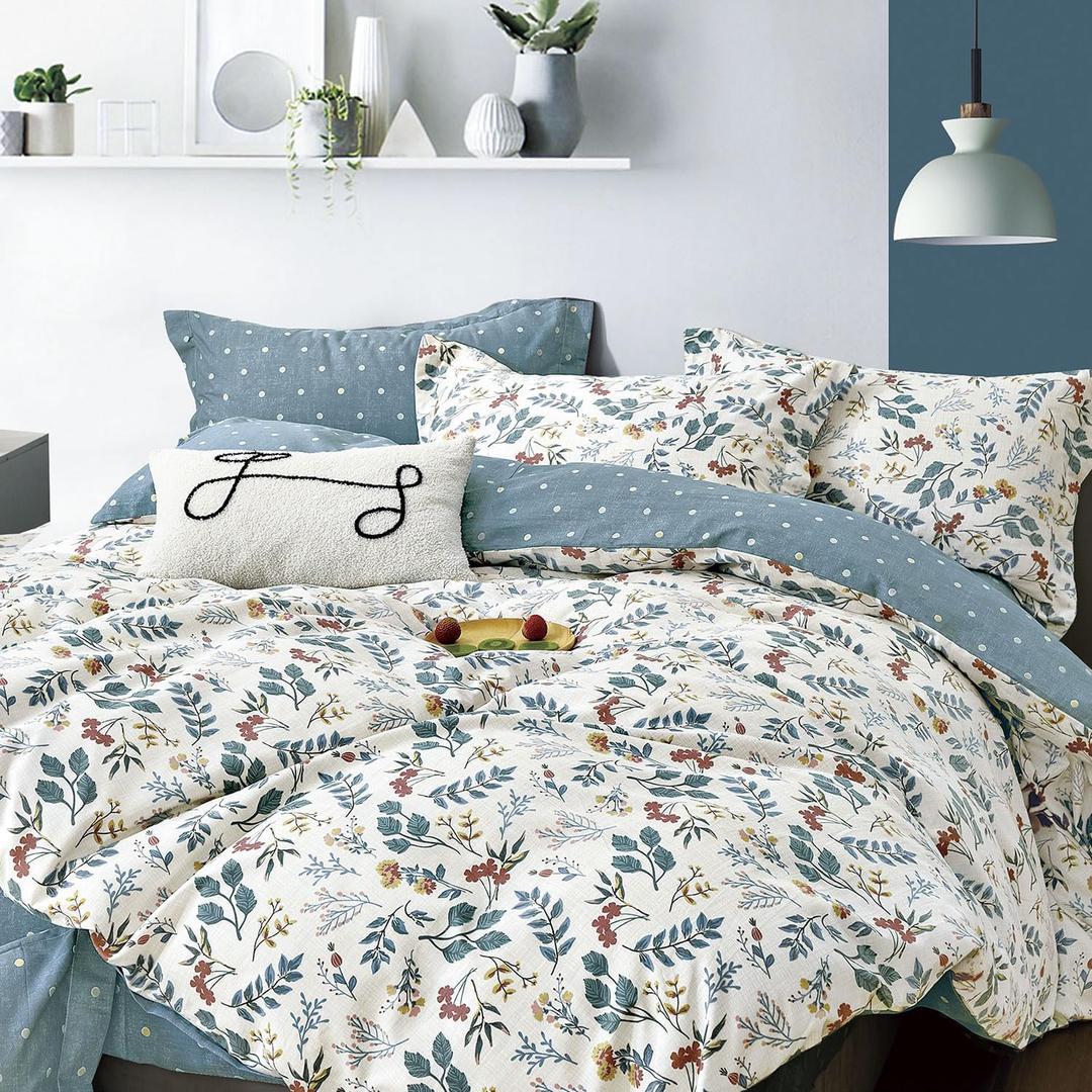 Botanical Cotton Comforter King Size - Lake Green Comforter with Dusky Blue & Warm Rust Leaves on Ivory,Reversible Lightweight Bedding Sets 3Pcs(Polka Dot) (King(104"90"), Botanical & Polka Dots - Lake Green)