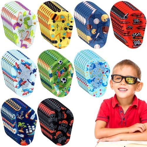Panelee 10Pcs Adhesive Eye Patches for Kids Boys Styles Eye Patches Latex Free Eye Pad Bulk Light Blocking Fun Cute Boys Designs Cotton Adhesive Bandages for Boys Toddler