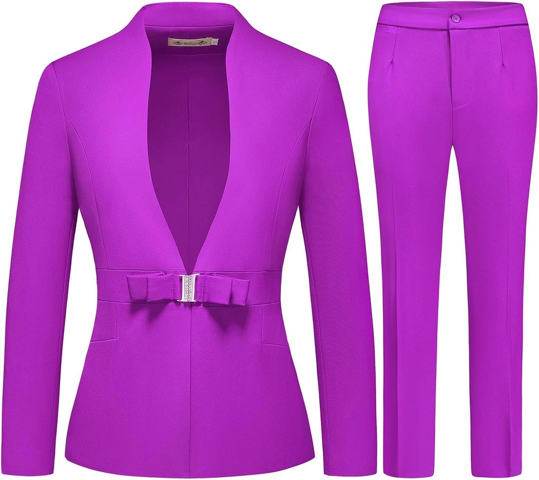 MODFUL Women's Business Pant Suit Set 2 Piece Slim Fit Blazer Jacket One Button Buckle Closure Lady Work Suit for Office  (Purple) XS MODFUL Women's Business Pant Suit Set 2 Piece Slim Fit Blazer Jacket One Button Buckle Closure Lady Work Suit for Office  (Purple) XS