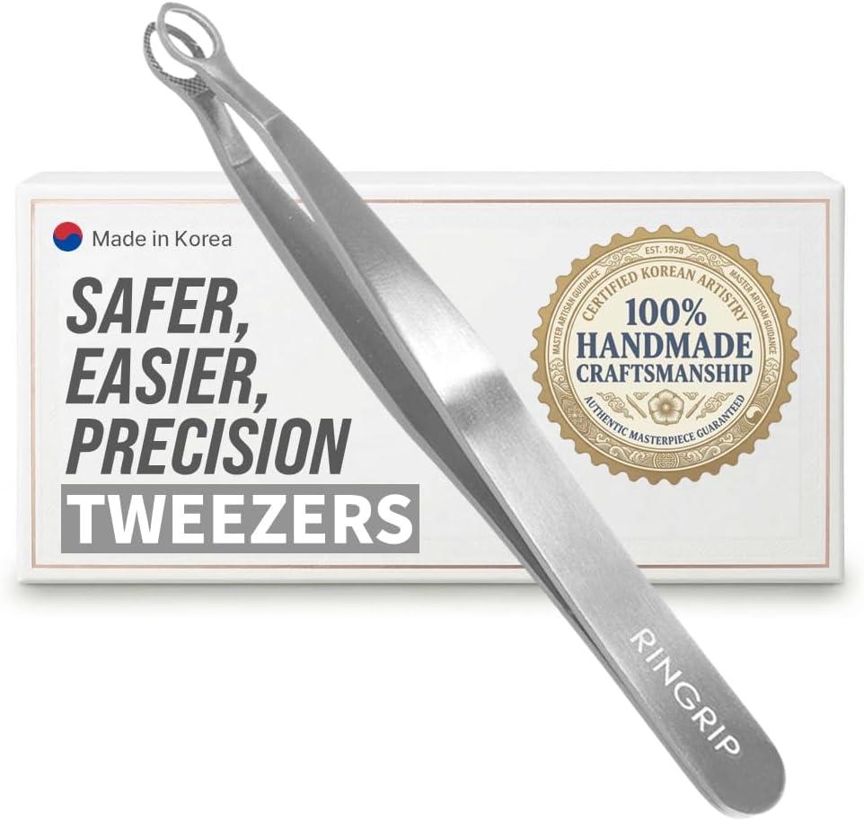 [Premium Hand-Made] Round tip Tweezers, 304 Surgical-Grade Stainless Steel for Safety, Precision, hair tweezers for plucking, Facial Hair for Men & Women, Trim (Silver)