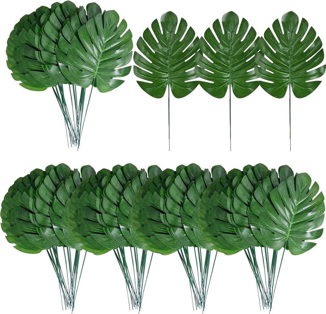 XONOR 100Pcs Artificial Monstera Leaves Fake Tropical Faux Palm Leaves with Stem for Jungle Hawaiian Dinosaur Luau Party Table Decoration Wedding Birthday Theme Party, Leaf Size: 7''x 5'' (11.8)