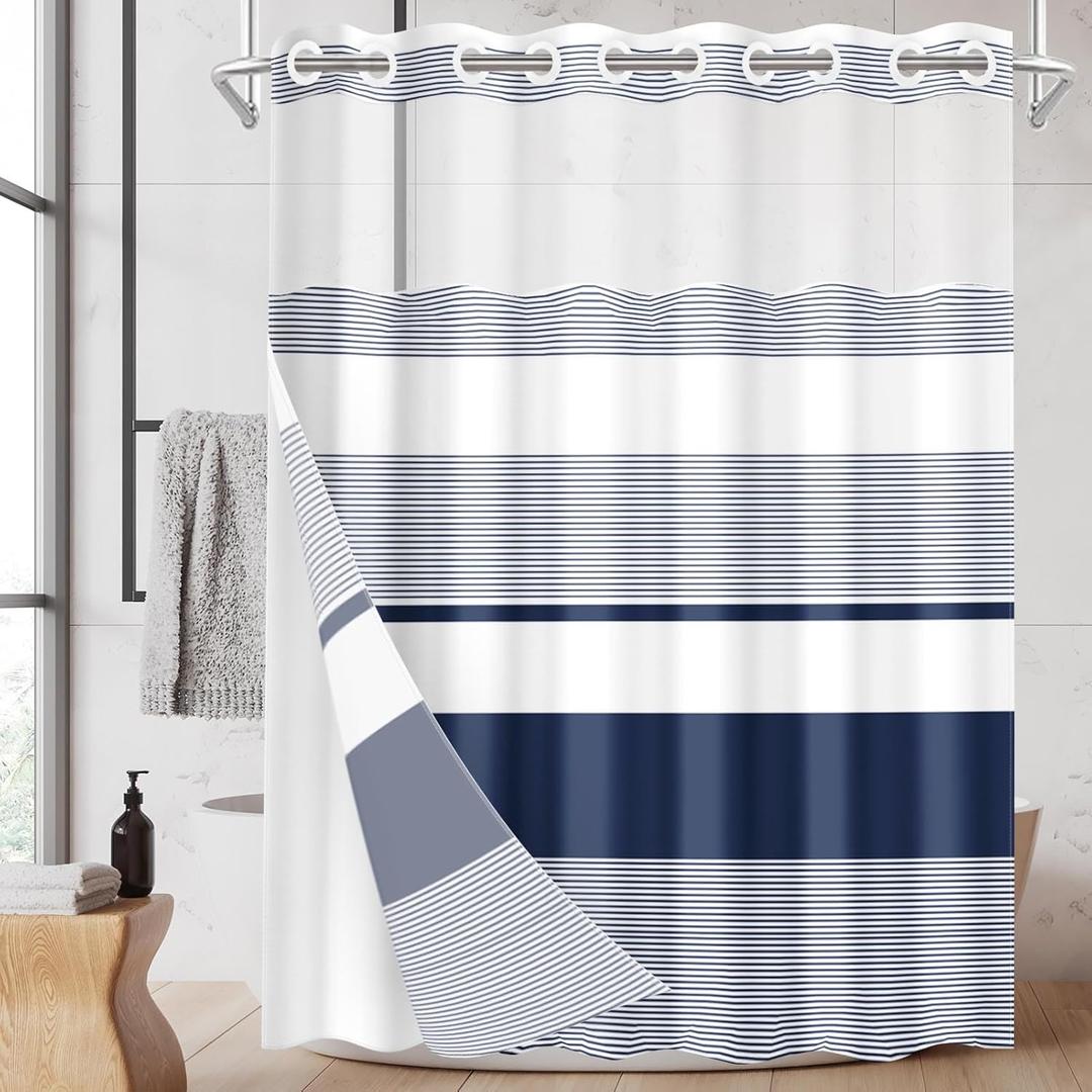 No Hook Navy Blue Shower Curtain with Snap in Fabric Liner Set, Boho Striped Modern Double Layers Waterproof Fabric with See Through Top Window Open Grommet Bath Curtain 71x74 Inch