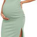 AISWI 2025 Women's Split Maternity Dress Fine Ribbed Ruched Pregnancy Clothes Baby Shower Dresses M